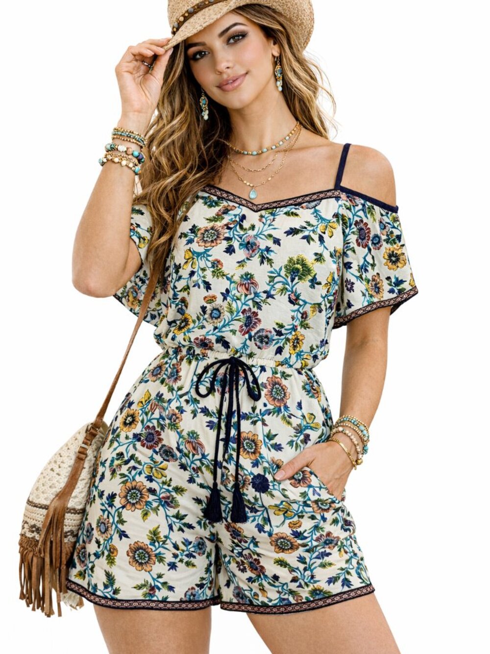 Blue Rain off the shoulder tassel cottagecore romper pockets blue floral XS